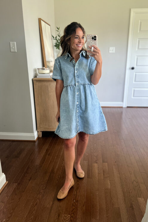 Denim dress for petites! Brooke of Pumps and Push-Ups, what I'm wearing today | daily outfit photos | petite-friendly dress with sleeves