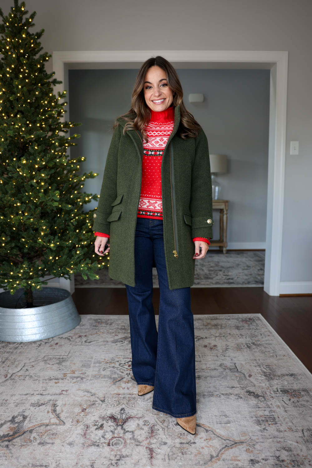 Petite-friendly holiday outfit with a fair isle sweater and green topcoat | petite-friendly classic holiday outfit idea | holiday sweater outfit