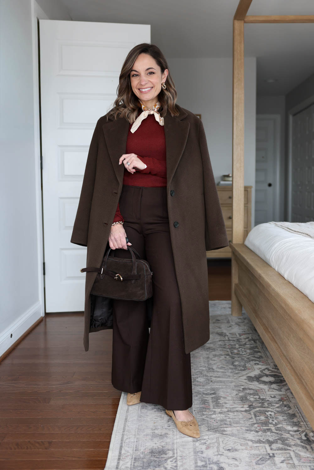 A petite-friendly outfit for work with burgundy and chocolate brown | petite friendly winter workwear