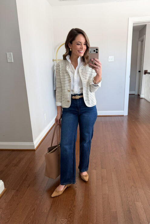 Casual petite outfit idea with jeans for work | petite-friendly outfits for work | the best petite jeans to wear to work
